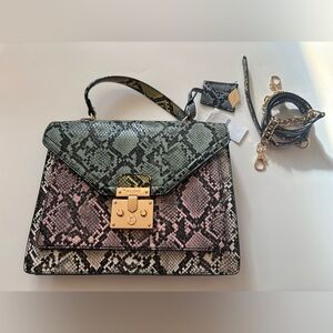 Aldo Green and Pink Snake Print Satchel